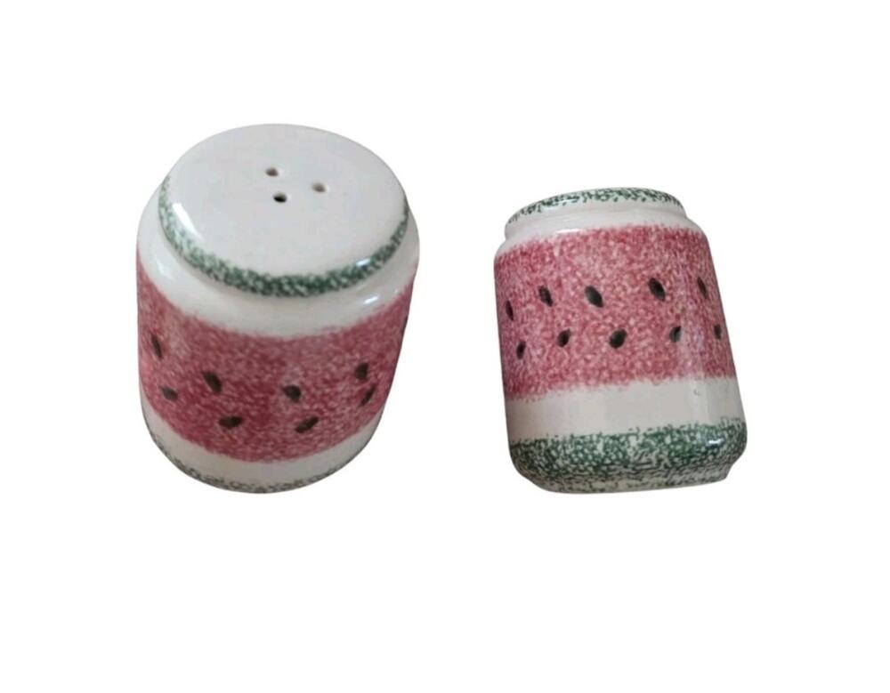 Vintage Watermelon Sponge Painted Salt & Pepper Shakers Ceramic Retro Farmhouse